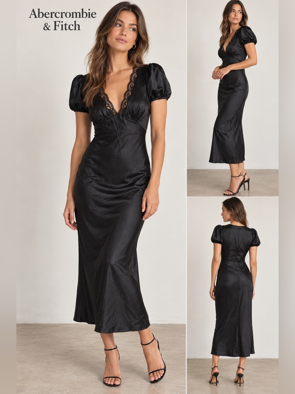 NWT Abercrombie & Fitch Black Lace-Trim Puff-Sleeve Midi Dress